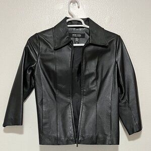 NEW YORK & CO. WOMEN'S SMALL BLACK ZIP-UP LEATHER JACKET-Preowned